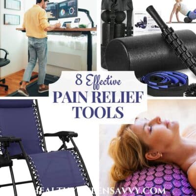 cover collage with photos of top pain relief tools: walking desk, foam roller and massage balls, zero gravity chair, and acupressure mat