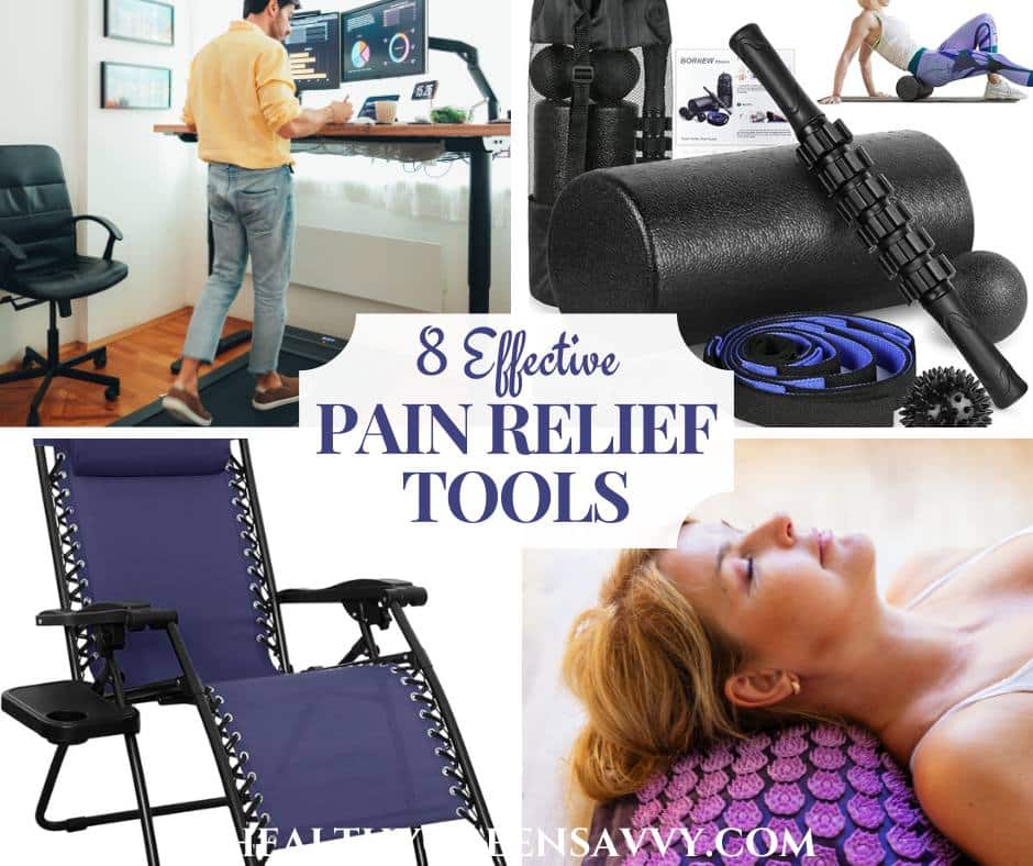 cover collage with photos of top pain relief tools: walking desk, foam roller and massage balls, zero gravity chair, and acupressure mat