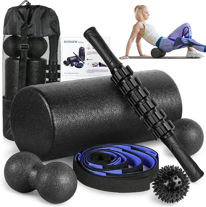 photo of pain relief tool set that includes a foam roller, massage roller stick, and massage balls