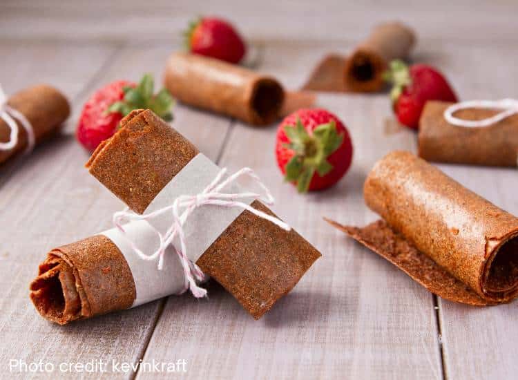 photo of strawberry fruit leather, which can include strawberry tops