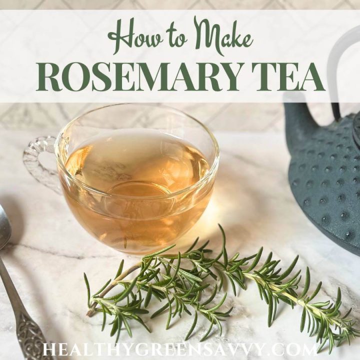 cover photo of rosemary tea in glass cup with sprig of fresh rosemary on white marble with title text overlay