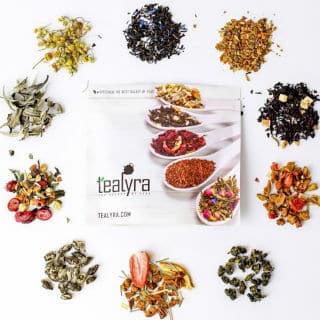 photo of package of Tealyra tea surrounded by loose teas