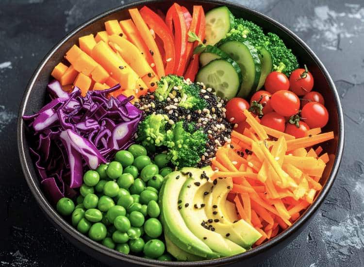 photo of buddha bowl with colorful veggies, a great way to get to more 30 plants a week easily