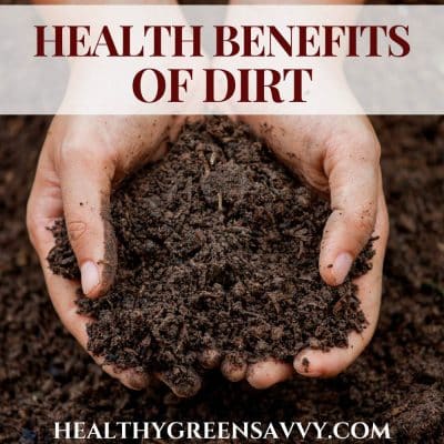photo of hands holding soil with title text overlay (health benefits of dirt)