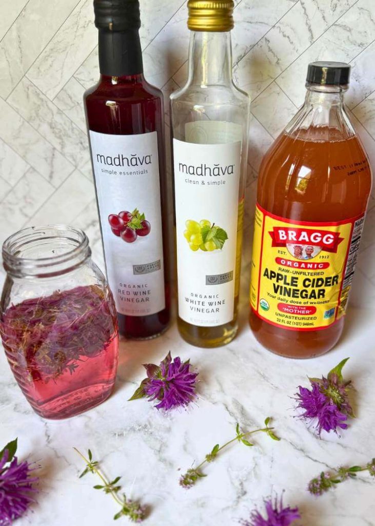 photo of different types of vinegar with glass jar of herbs infusing white wine vinegar