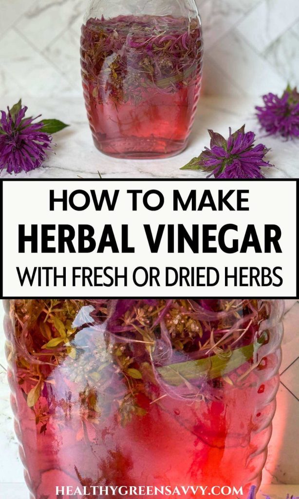 pin with photos of herbal vinegars in glass jars on white background
