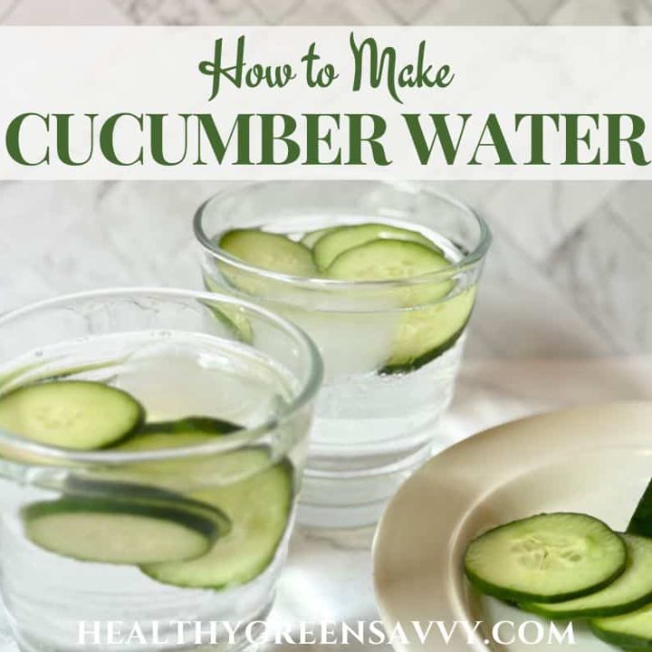 cover photo of cucumber water recipe served in glasses with slices of cucumber on marble background with title text overlay