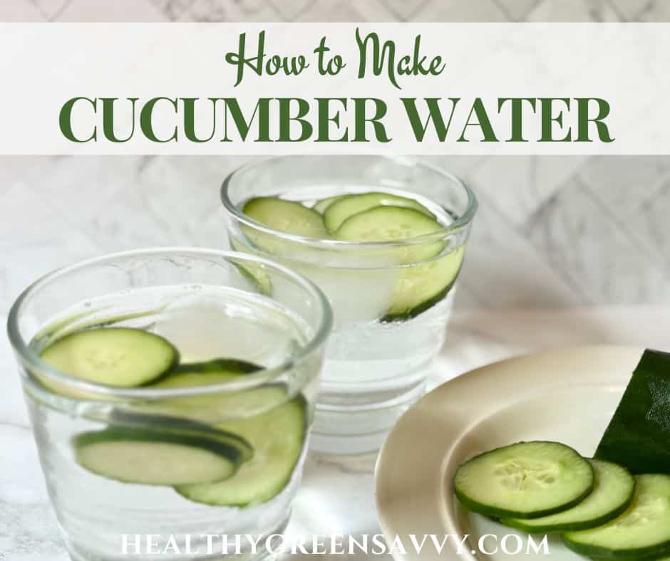 cover photo of cucumber water recipe served in glasses with slices of cucumber on marble background with title text overlay