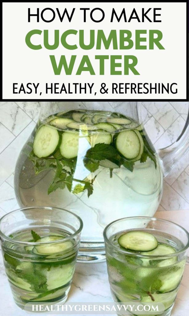 pin with photo of cucumber water with mint in glass pitcher and two glasses on white marble background